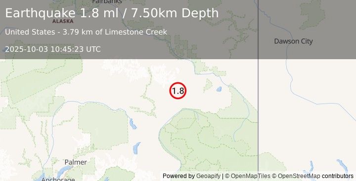 Earthquake 43 km WNW of Mentasta Lake, Alaska (1.8 ml) (2025-10-03 10:45:23 UTC)