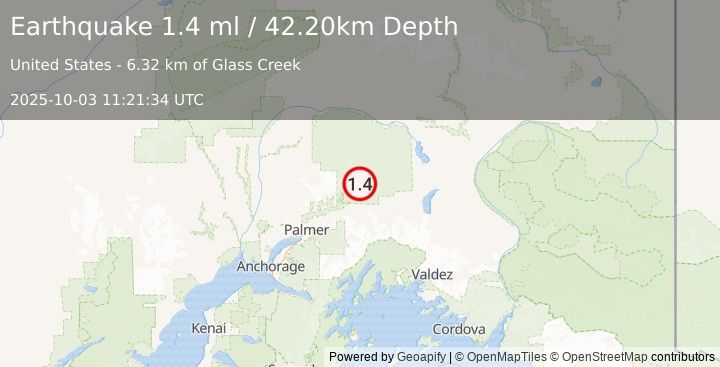 Earthquake 33 km NNW of Glacier View, Alaska (1.4 ml) (2025-10-03 11:21:34 UTC)
