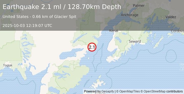 Earthquake 55 km E of Pedro Bay, Alaska (2.1 ml) (2025-10-03 12:19:07 UTC)