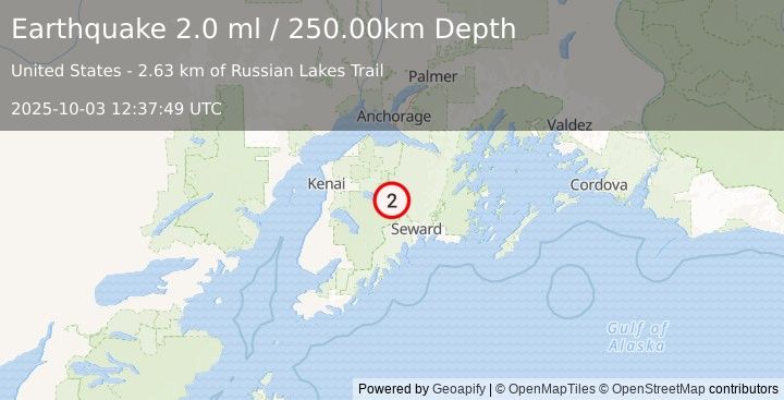 Earthquake 12 km SSW of Cooper Landing, Alaska (2.0 ml) (2025-10-03 12:37:49 UTC)