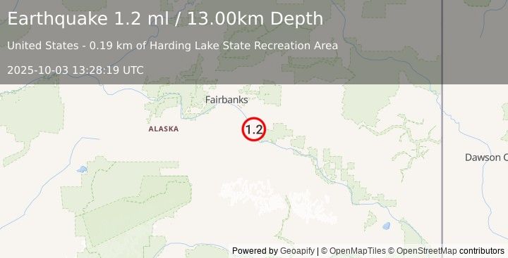 Earthquake 9 km SSE of Salcha, Alaska (1.2 ml) (2025-10-03 13:28:19 UTC)