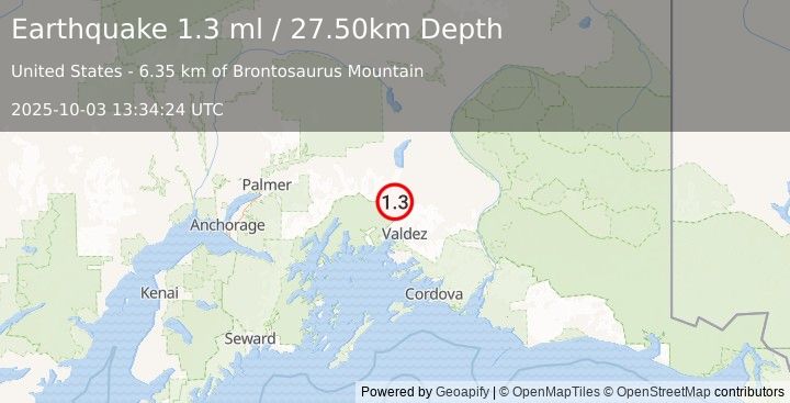 Earthquake 35 km NNW of Valdez, Alaska (1.3 ml) (2025-10-03 13:34:24 UTC)