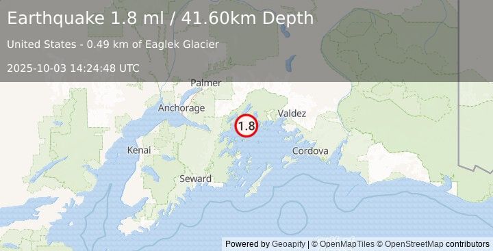 Earthquake 51 km ENE of Whittier, Alaska (1.8 ml) (2025-10-03 14:24:48 UTC)