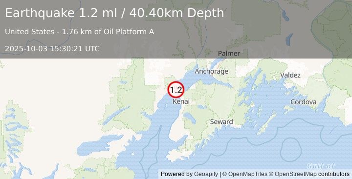 Earthquake 17 km NW of Nikiski, Alaska (1.2 ml) (2025-10-03 15:30:21 UTC)