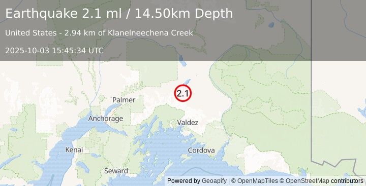 Earthquake 30 km SSE of Nelchina, Alaska (2.1 ml) (2025-10-03 15:45:34 UTC)
