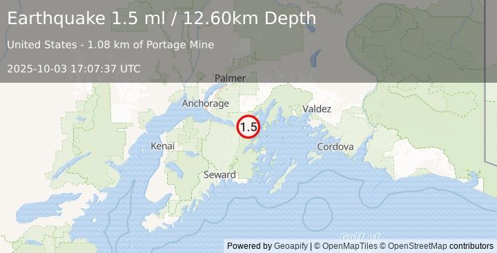 Earthquake 12 km NE of Whittier, Alaska (1.5 ml) (2025-10-03 17:07:37 UTC)