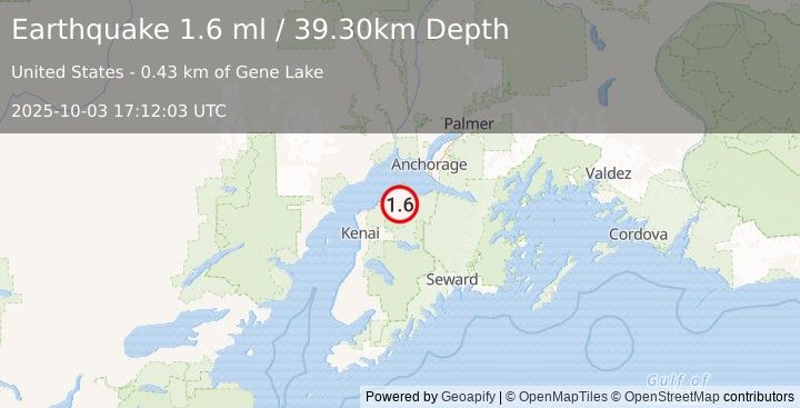 Earthquake 15 km SE of Point Possession, Alaska (1.6 ml) (2025-10-03 17:12:03 UTC)