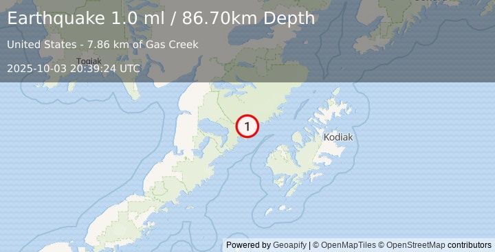Earthquake 67 km NW of Karluk, Alaska (1.0 ml) (2025-10-03 20:39:24 UTC)