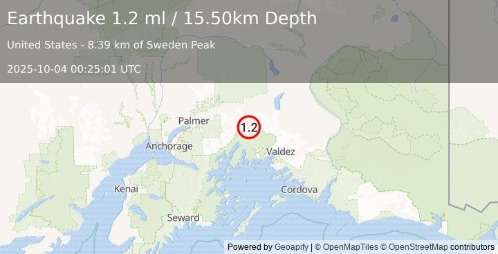 Earthquake 37 km SSE of Glacier View, Alaska (1.2 ml) (2025-10-04 00:25:01 UTC)