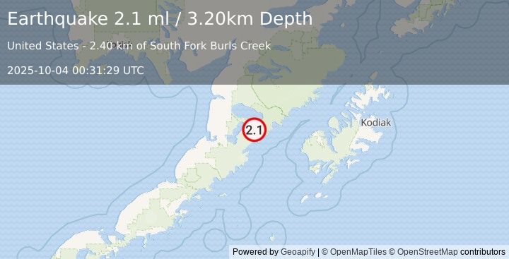 Earthquake 75 km ENE of Ugashik, Alaska (2.1 ml) (2025-10-04 00:31:29 UTC)