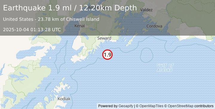 Earthquake 66 km SSE of Lowell Point, Alaska (1.9 ml) (2025-10-04 01:13:28 UTC)