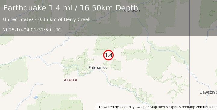 Earthquake 38 km N of Pleasant Valley, Alaska (1.4 ml) (2025-10-04 01:31:50 UTC)