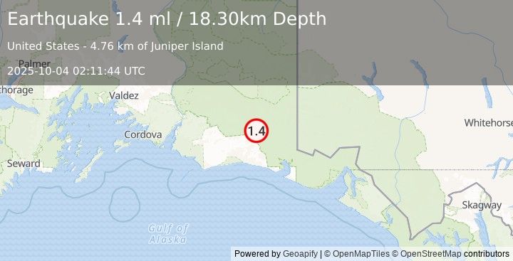 Earthquake 99 km SSE of McCarthy, Alaska (1.4 ml) (2025-10-04 02:11:44 UTC)