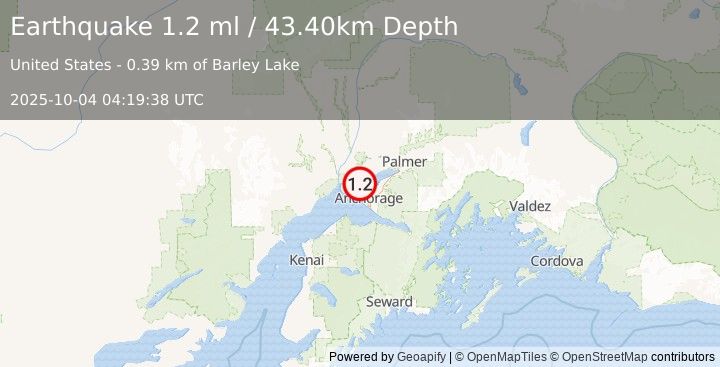 Earthquake 5 km W of Point MacKenzie, Alaska (1.2 ml) (2025-10-04 04:19:38 UTC)