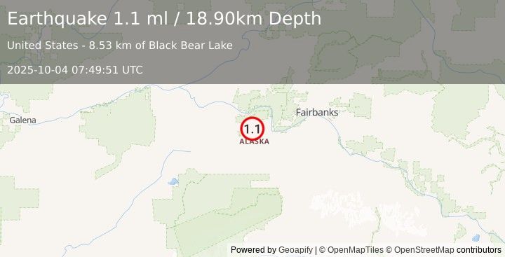 Earthquake 29 km W of Four Mile Road, Alaska (1.1 ml) (2025-10-04 07:49:51 UTC)