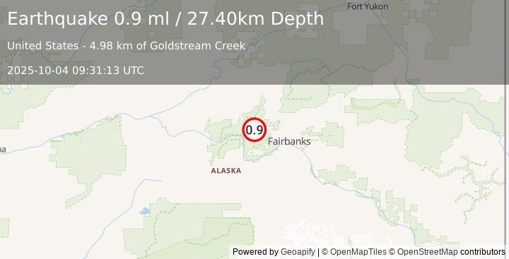 Earthquake 31 km SE of Minto, Alaska (0.9 ml) (2025-10-04 09:31:13 UTC)