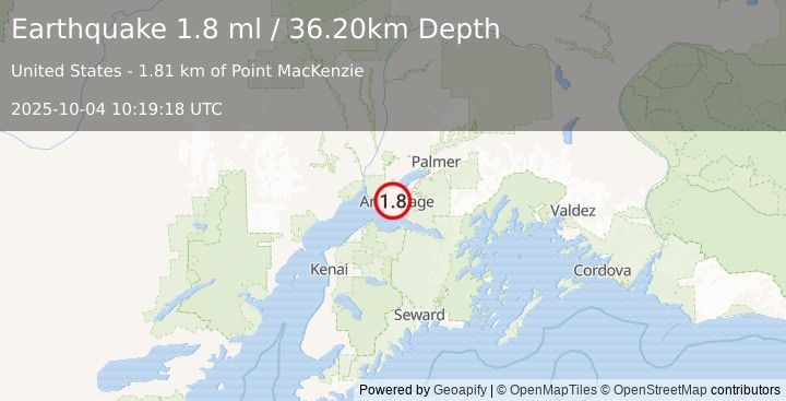 Earthquake 3 km W of Anchorage, Alaska (1.8 ml) (2025-10-04 10:19:18 UTC)