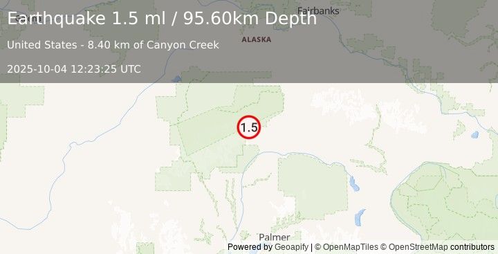Earthquake 52 km WSW of Cantwell, Alaska (1.5 ml) (2025-10-04 12:23:25 UTC)