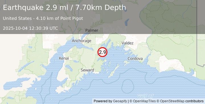 Earthquake 22 km E of Whittier, Alaska (2.9 ml) (2025-10-04 12:30:39 UTC)