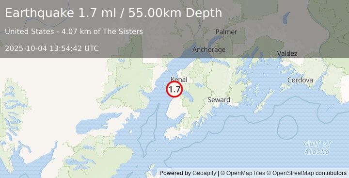 Earthquake 8 km WSW of Cohoe, Alaska (1.7 ml) (2025-10-04 13:54:42 UTC)