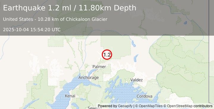 Earthquake 25 km N of Chickaloon, Alaska (1.2 ml) (2025-10-04 15:54:20 UTC)
