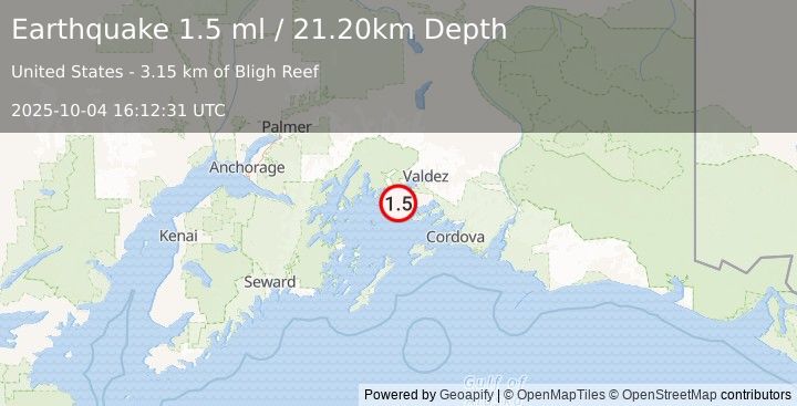 Earthquake 11 km W of Tatitlek, Alaska (1.5 ml) (2025-10-04 16:12:31 UTC)