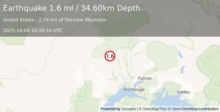 Earthquake 42 km NNW of Skwentna, Alaska (1.6 ml) (2025-10-04 18:20:16 UTC)