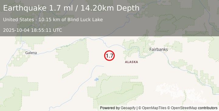 Earthquake 49 km SW of Manley Hot Springs, Alaska (1.7 ml) (2025-10-04 18:55:11 UTC)