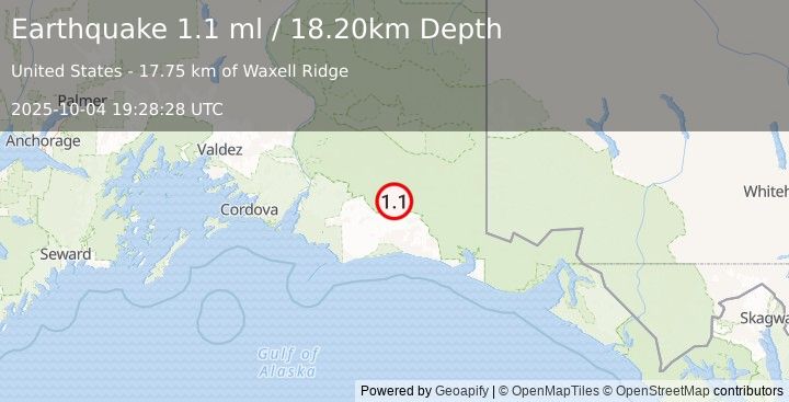 Earthquake 90 km S of McCarthy, Alaska (1.1 ml) (2025-10-04 19:28:28 UTC)