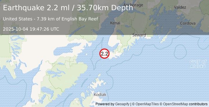Earthquake 9 km WNW of Nanwalek, Alaska (2.2 ml) (2025-10-04 19:47:26 UTC)
