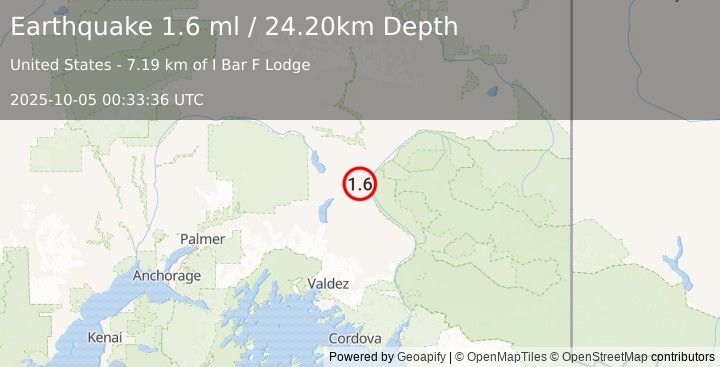 Earthquake 8 km NW of Glennallen, Alaska (1.6 ml) (2025-10-05 00:33:36 UTC)