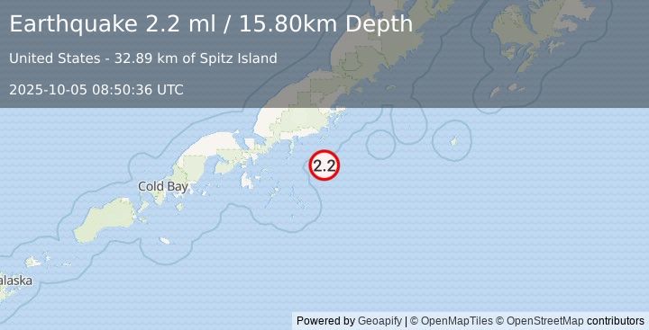 Earthquake 51 km SSE of Perryville, Alaska (2.2 ml) (2025-10-05 08:50:36 UTC)