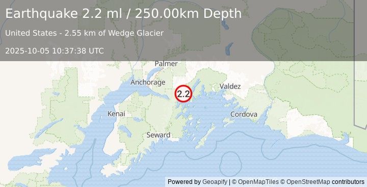 Earthquake 28 km NE of Whittier, Alaska (2.2 ml) (2025-10-05 10:37:38 UTC)