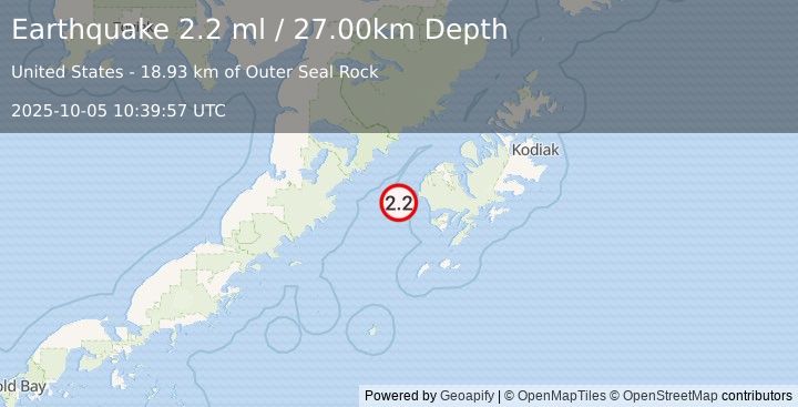 Earthquake 55 km SW of Karluk, Alaska (2.2 ml) (2025-10-05 10:39:57 UTC)