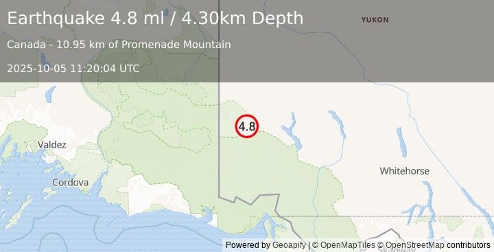 Earthquake 127 km E of McCarthy, Alaska (4.6 ml) (2025-10-05 11:20:03 UTC)