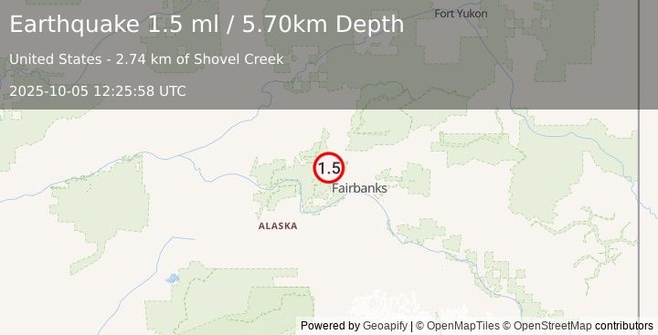Earthquake 29 km NW of Ester, Alaska (1.5 ml) (2025-10-05 12:25:58 UTC)