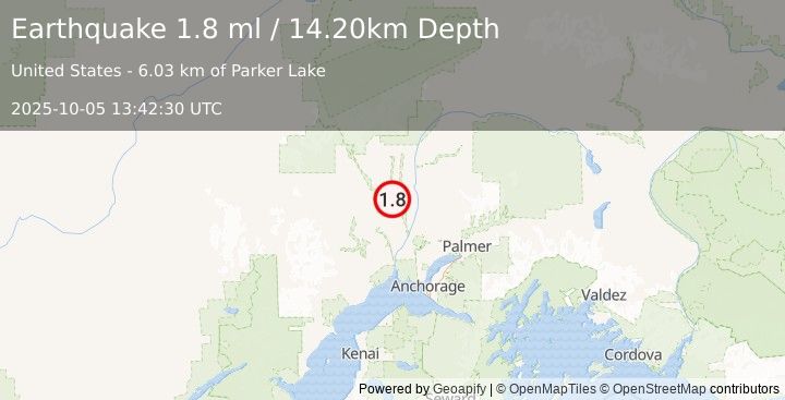 Earthquake 36 km SSW of Trapper Creek, Alaska (1.8 ml) (2025-10-05 13:42:30 UTC)