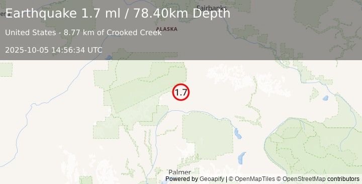 Earthquake 19 km SSW of Cantwell, Alaska (1.7 ml) (2025-10-05 14:56:34 UTC)