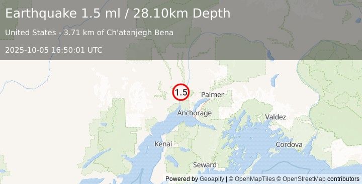 Earthquake 12 km N of Susitna, Alaska (1.5 ml) (2025-10-05 16:50:01 UTC)