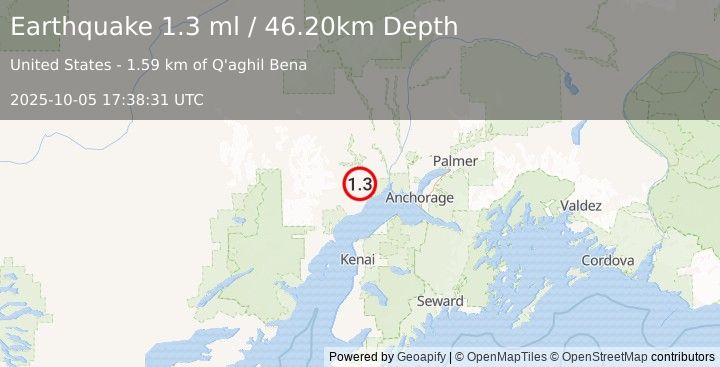 Earthquake 25 km NNW of Beluga, Alaska (1.3 ml) (2025-10-05 17:38:31 UTC)