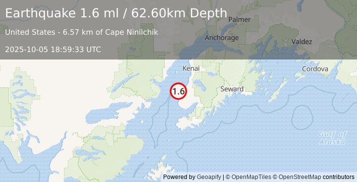 Earthquake 8 km W of Ninilchik, Alaska (1.6 ml) (2025-10-05 18:59:33 UTC)