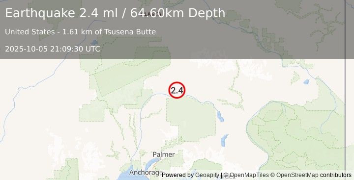Earthquake 55 km SSE of Cantwell, Alaska (2.4 ml) (2025-10-05 21:09:30 UTC)