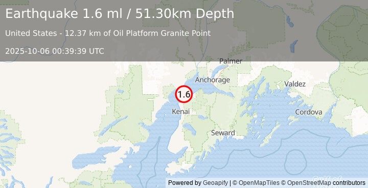 Earthquake 16 km S of Tyonek, Alaska (1.6 ml) (2025-10-06 00:39:39 UTC)