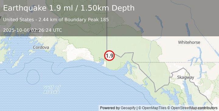 Earthquake 98 km NW of Yakutat, Alaska (1.9 ml) (2025-10-06 02:26:24 UTC)