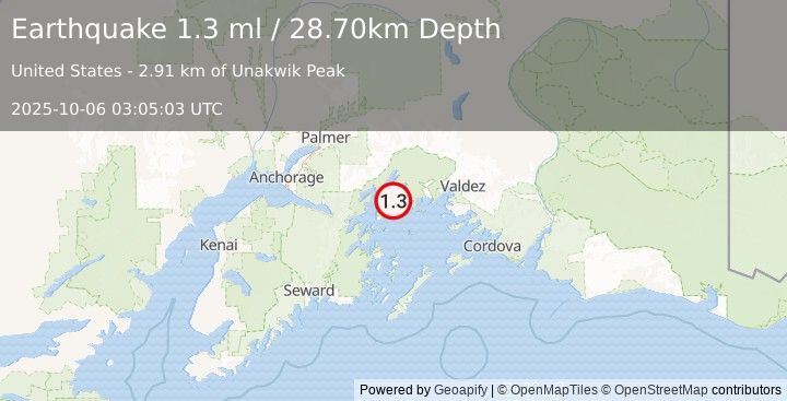 Earthquake 56 km ENE of Whittier, Alaska (1.3 ml) (2025-10-06 03:05:03 UTC)