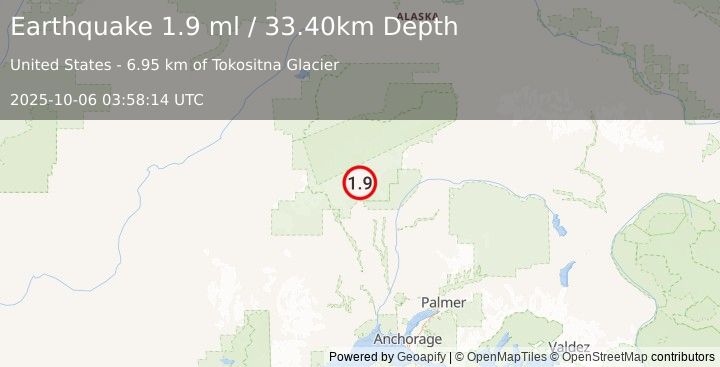 Earthquake 36 km NNW of Petersville, Alaska (1.9 ml) (2025-10-06 03:58:14 UTC)