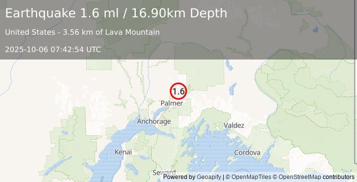 Earthquake 8 km NNW of Sutton-Alpine, Alaska (1.6 ml) (2025-10-06 07:42:54 UTC)