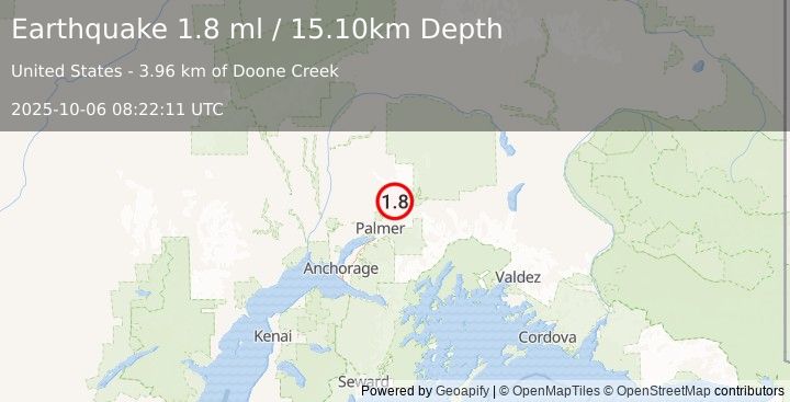 Earthquake 8 km NNW of Sutton-Alpine, Alaska (1.8 ml) (2025-10-06 08:22:11 UTC)