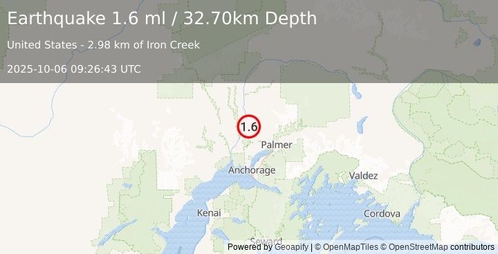 Earthquake 13 km NNE of Willow, Alaska (1.6 ml) (2025-10-06 09:26:43 UTC)