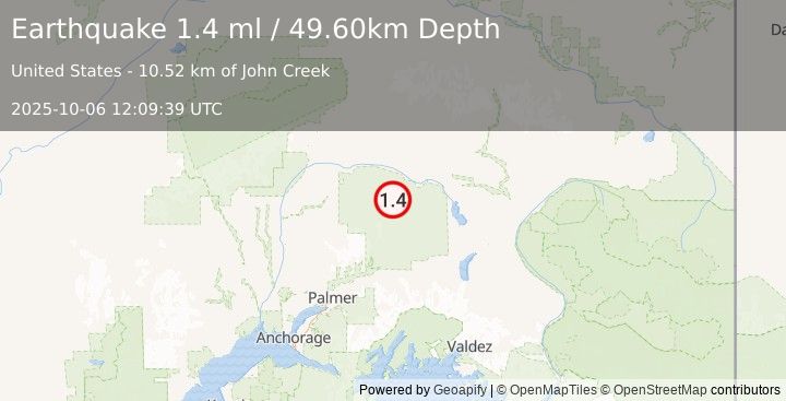 Earthquake 73 km WNW of Lake Louise, Alaska (1.4 ml) (2025-10-06 12:09:39 UTC)